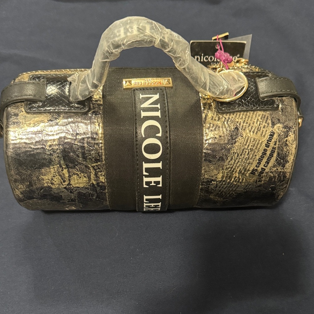 Nicole Lee Black and Gold Textured Barrel Bag